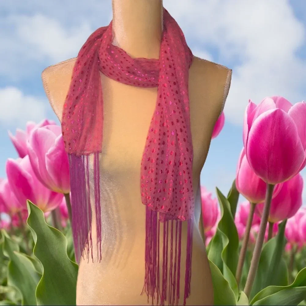 Pink sheer scarf with fringe
